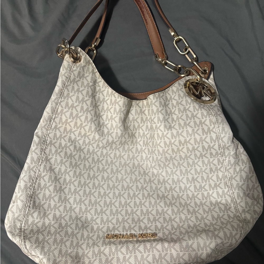 Michael Kors Tan and White Shoulder Bag with Gold Hardware